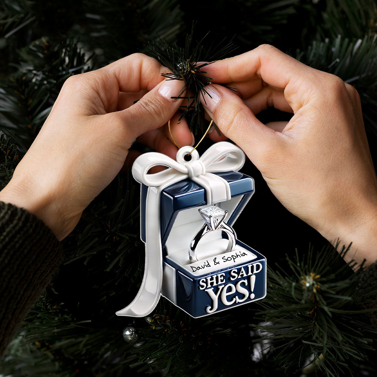 Personalized Engagement Ring Box Acrylic Ornament, Anniversary Gift for Couple