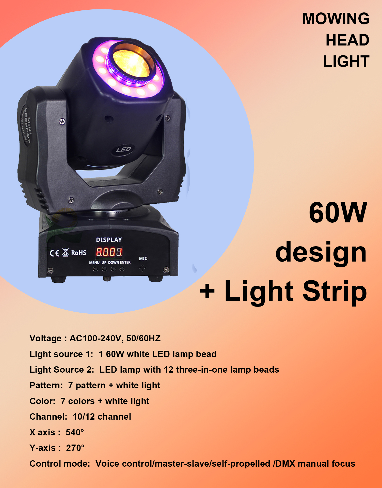 Disco Stage Spot 60W LED Moving Head Beam Spot Light with Led Ring for Stage Lighting