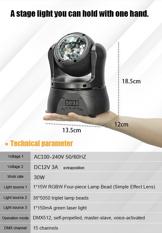 15W Pocket Moving LED RGBW Laser Kaleidoscope DMX512 Control Mode for Warm White and Green KTV Moving Head Lights