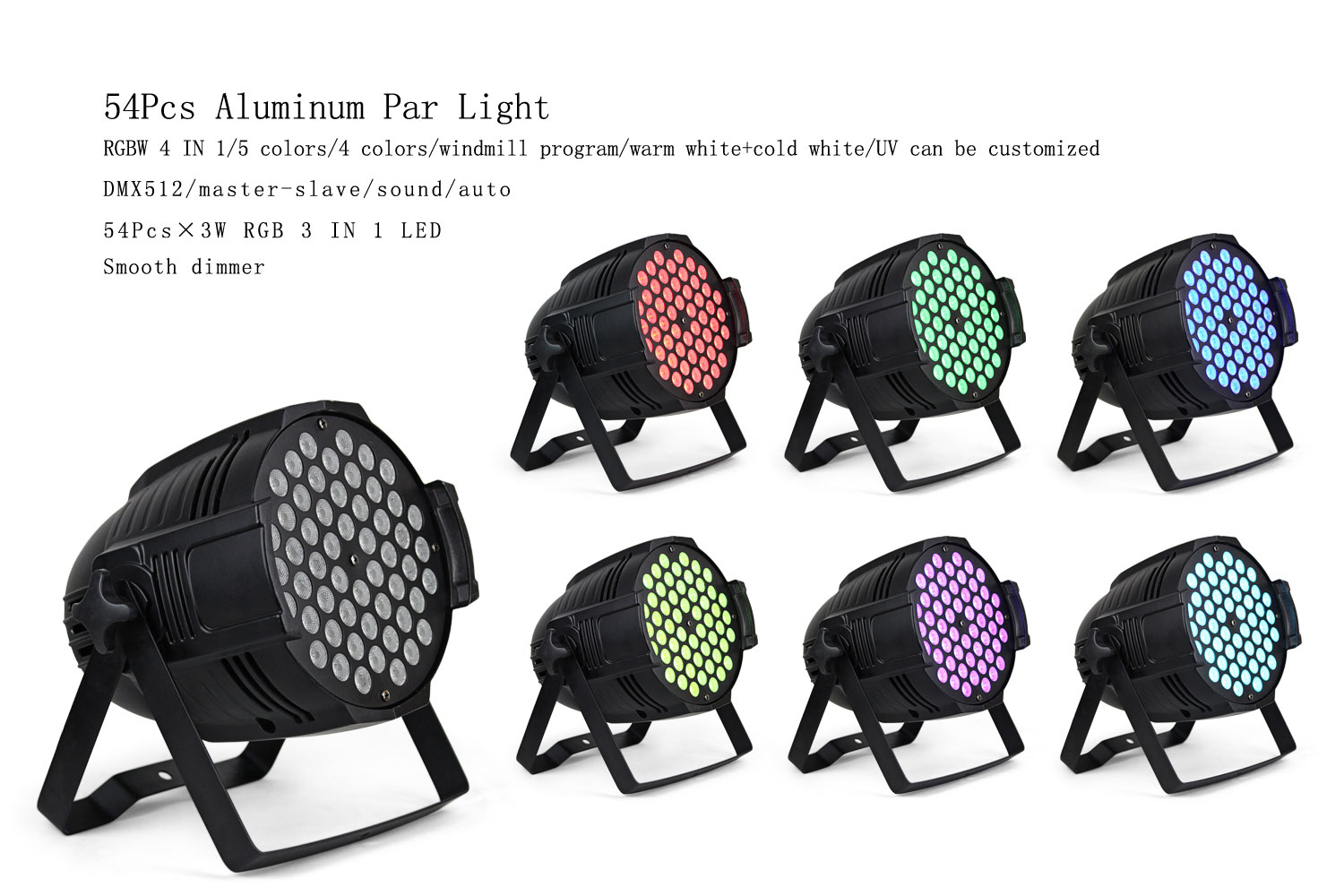 180W 54x3W LED PAR Light Indoor Stage Wash Light with RGBW Single Color or RGB 3-in-1 LEDs, 7-Channel DMX512 Control Stage Light for Party and Event Lighting
