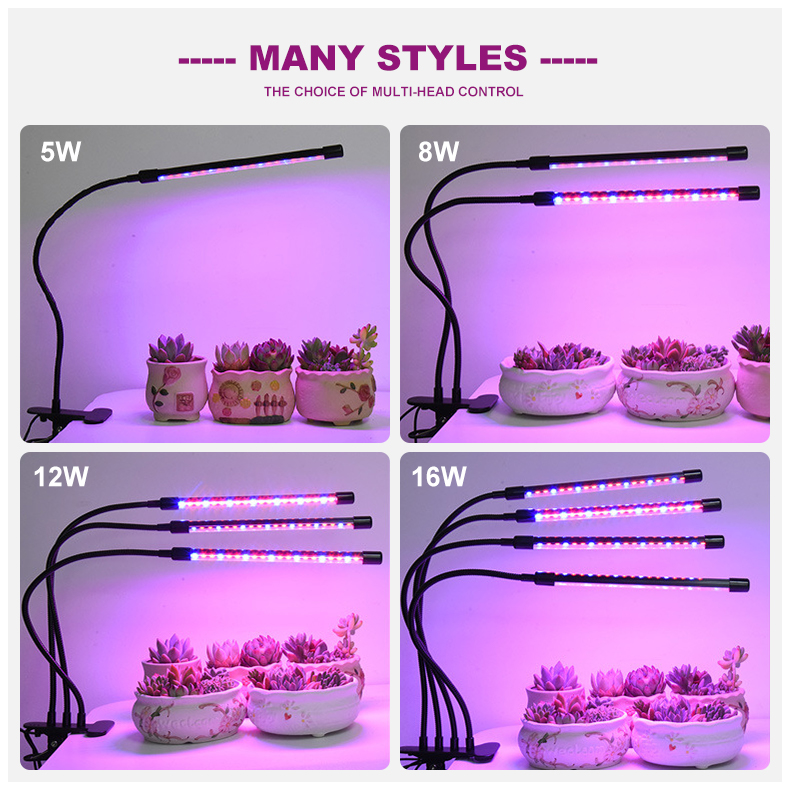 Small Clip Led Grow Lights on Desk Indoor Grow Light With Timer Adjustable 1-4head Tube Full Spectrum Phytolamps for Plants