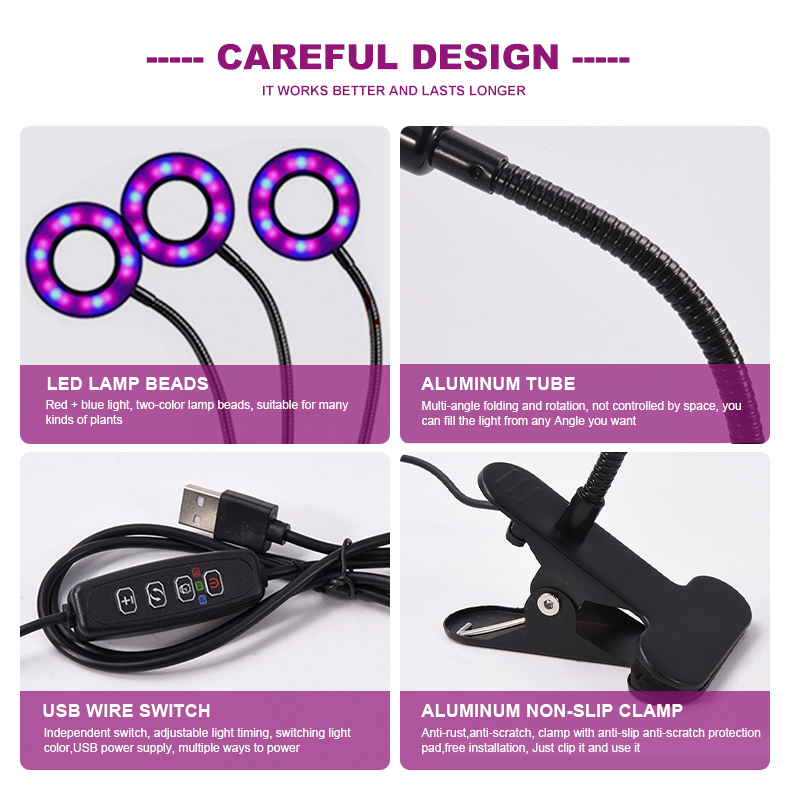 Dual-Head USB Timed Dimming LED Grow Lights for Indoor Gardening - Clip-on Lighting Bloom
