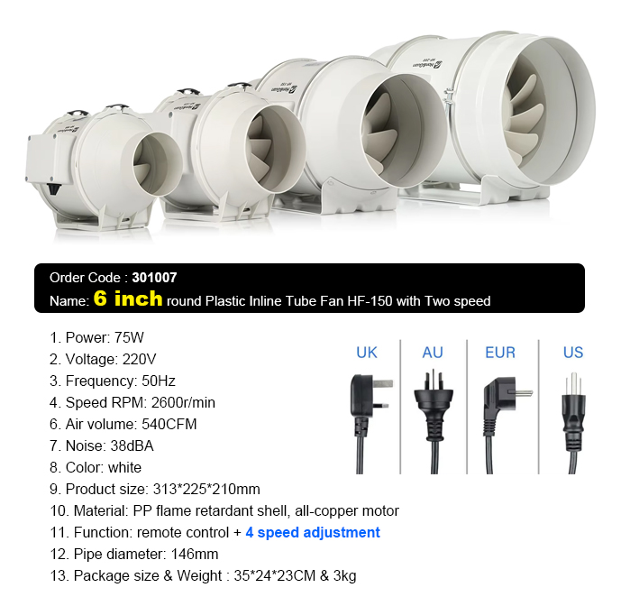 6-Inch Round Plastic Inline Tube Fan HF-150, 75W Power with 4 Speed (White)