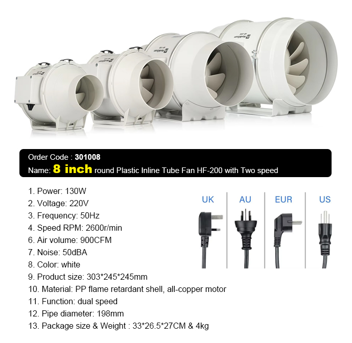 8-Inch Round Plastic Inline Tube Fan HF-200,130 Watt Power 2-Speed (White)