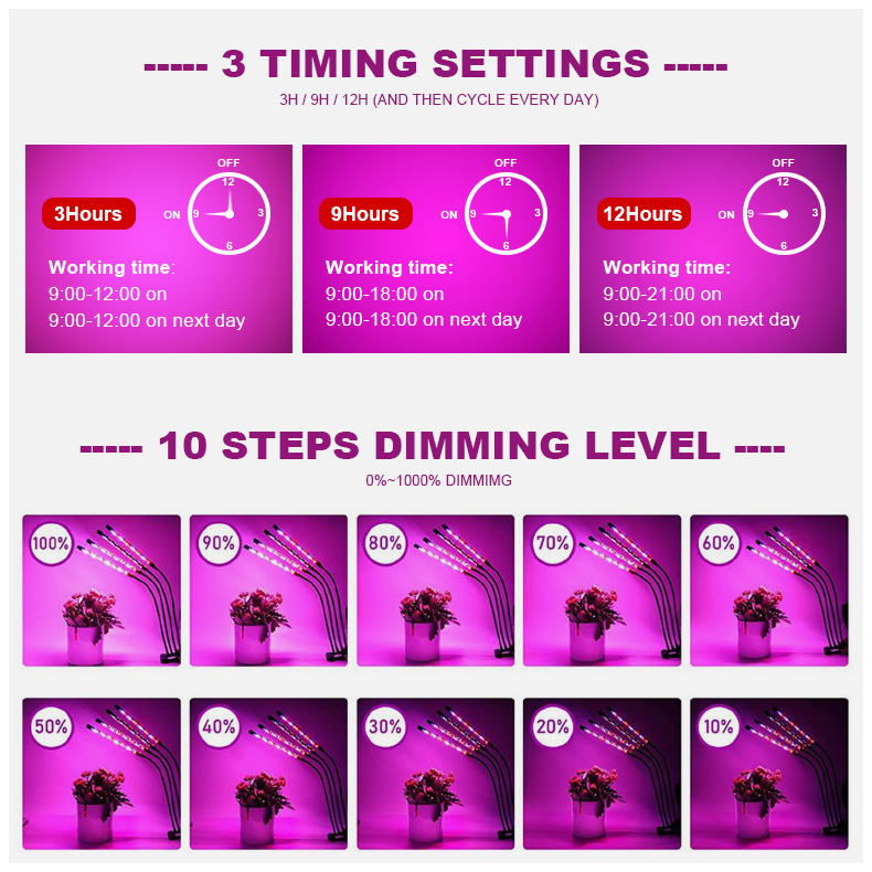 Small Clip Led Grow Lights on Desk Indoor Grow Light With Timer Adjustable 1-4head Tube Full Spectrum Phytolamps for Plants