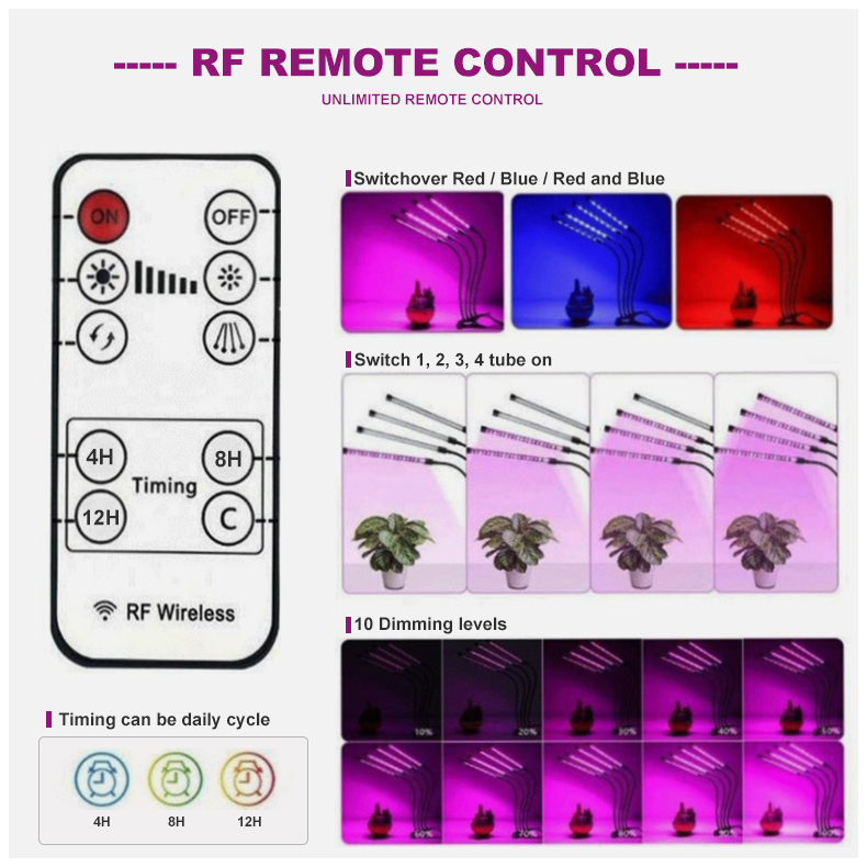 Small Clip Led Grow Lights on Desk Indoor Grow Light With Timer Adjustable 1-4head Tube Full Spectrum Phytolamps for Plants