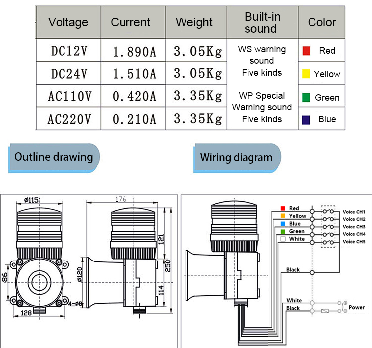 220V 120db High Decibel Portable Security Fir Alarm Siren Construction Safety Alarm with Beacon Light
