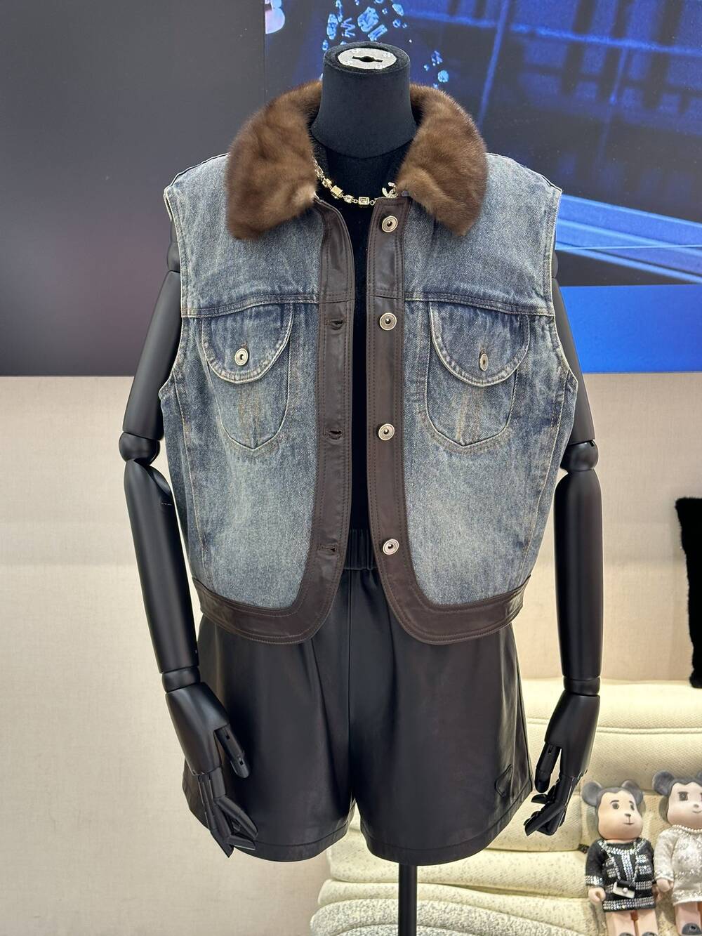 Mink collar spliced sheepskin denim down vest for autumn and winter 2024