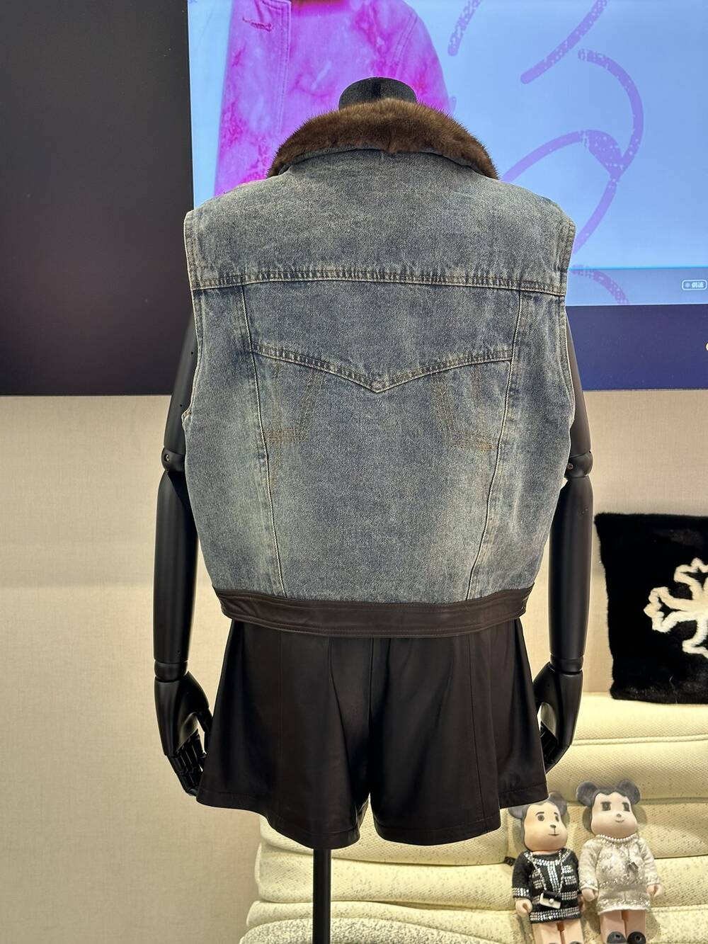 Mink collar spliced sheepskin denim down vest for autumn and winter 2024