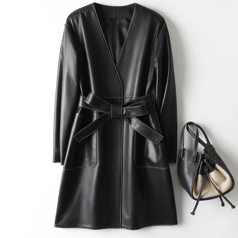 The 2024 new style mid-length spliced genuine leather coat