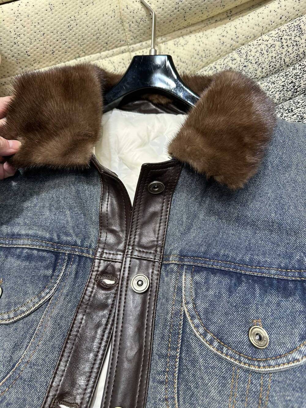 Mink collar spliced sheepskin denim down vest for autumn and winter 2024