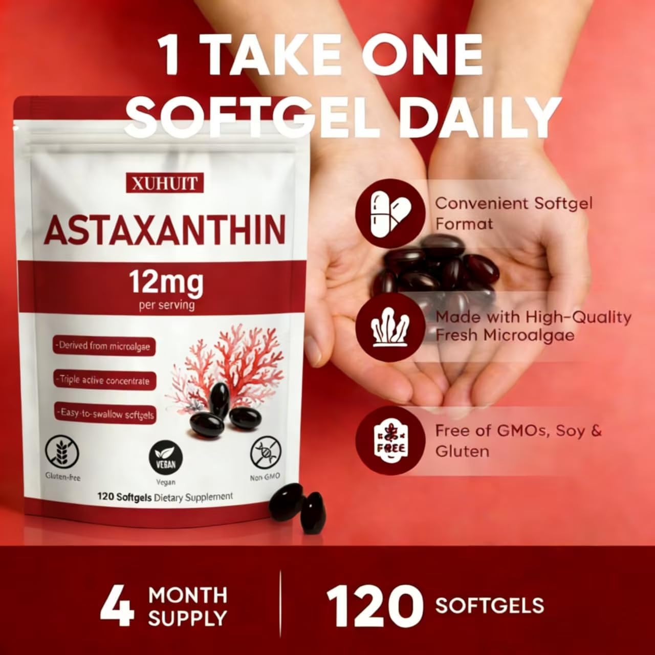 Astaxanthin 12mg Supports Eye, Immune, Joint Health and Circulation 120 Softgels 