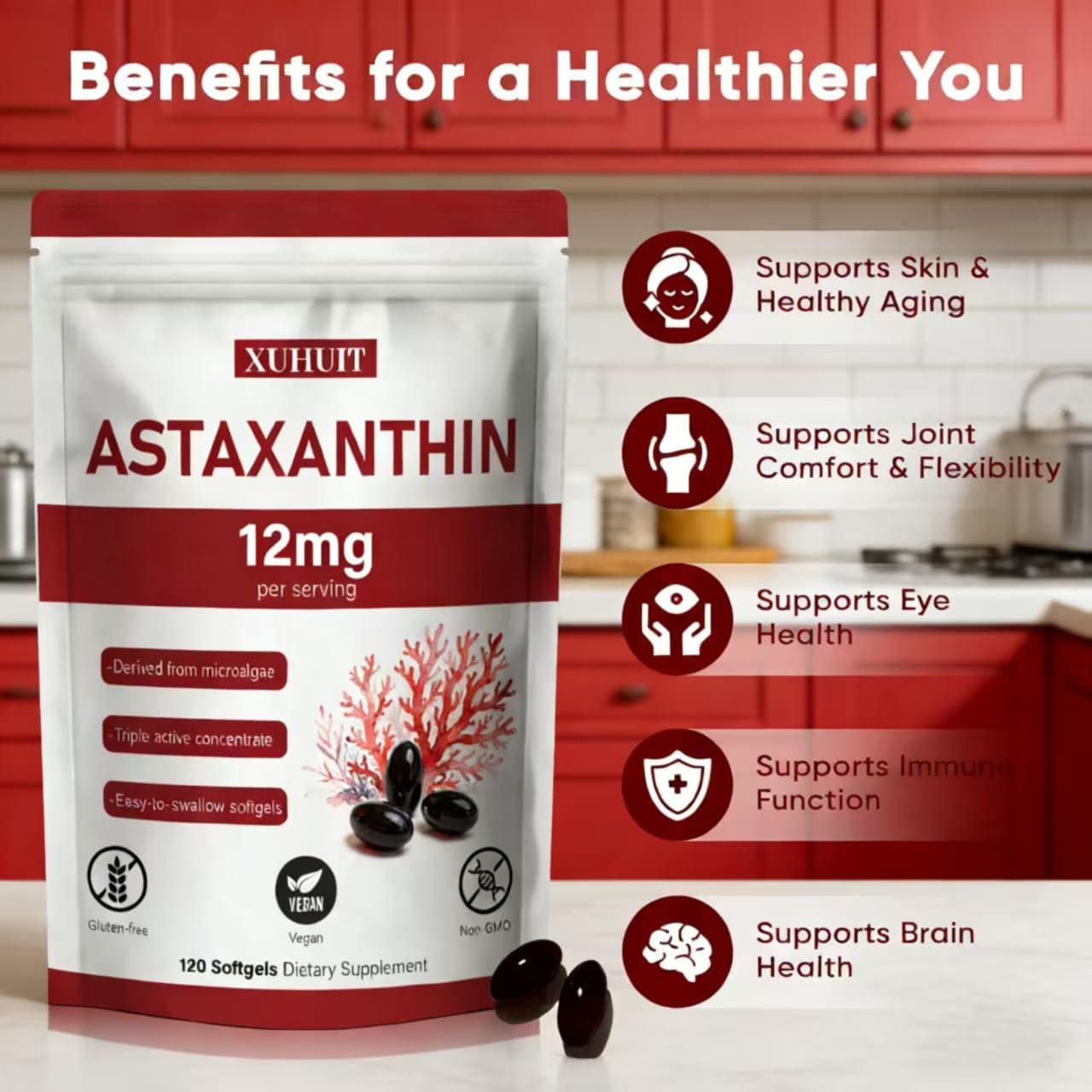 Astaxanthin 12mg Supports Eye, Immune, Joint Health and Circulation 120 Softgels 