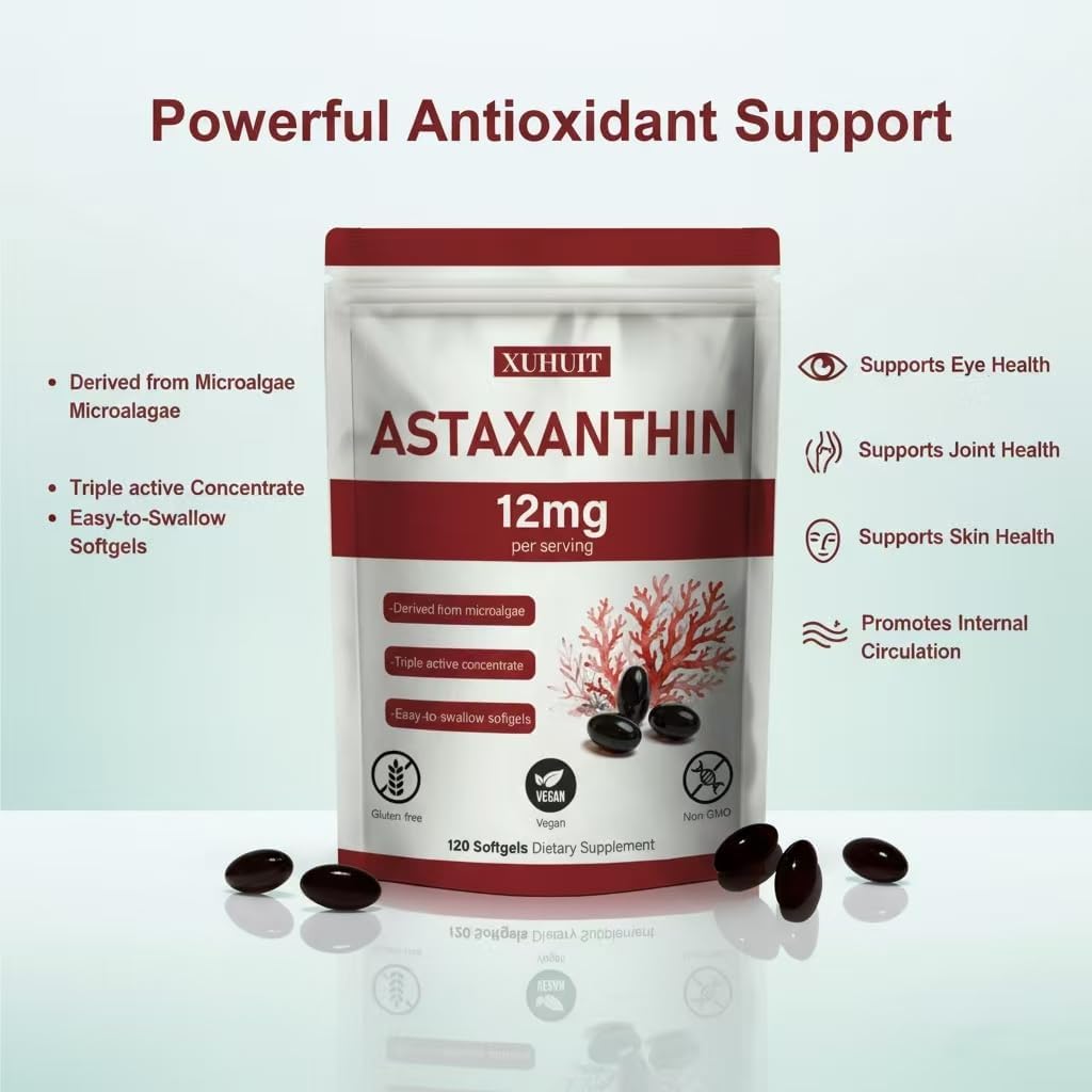 Astaxanthin 12mg Supports Eye, Immune, Joint Health and Circulation 120 Softgels 