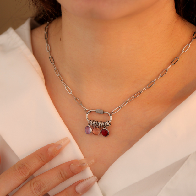 Personalized Carabiner Name Charm Necklace with Birthstone | GC050