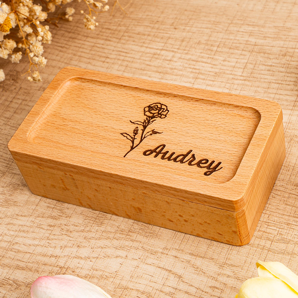 Personalized Birth Flower Wood Jewelry Gift Box | GC041