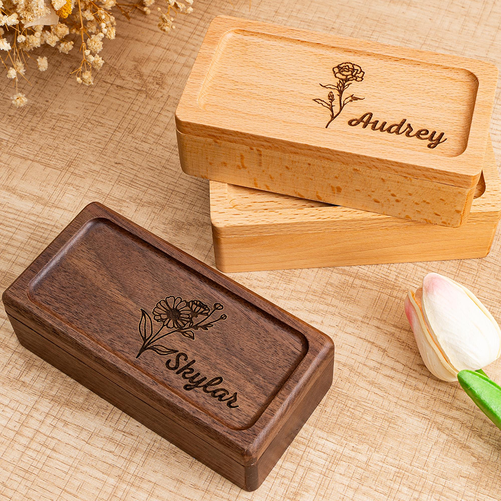 Personalized Birth Flower Wood Jewelry Gift Box | GC041