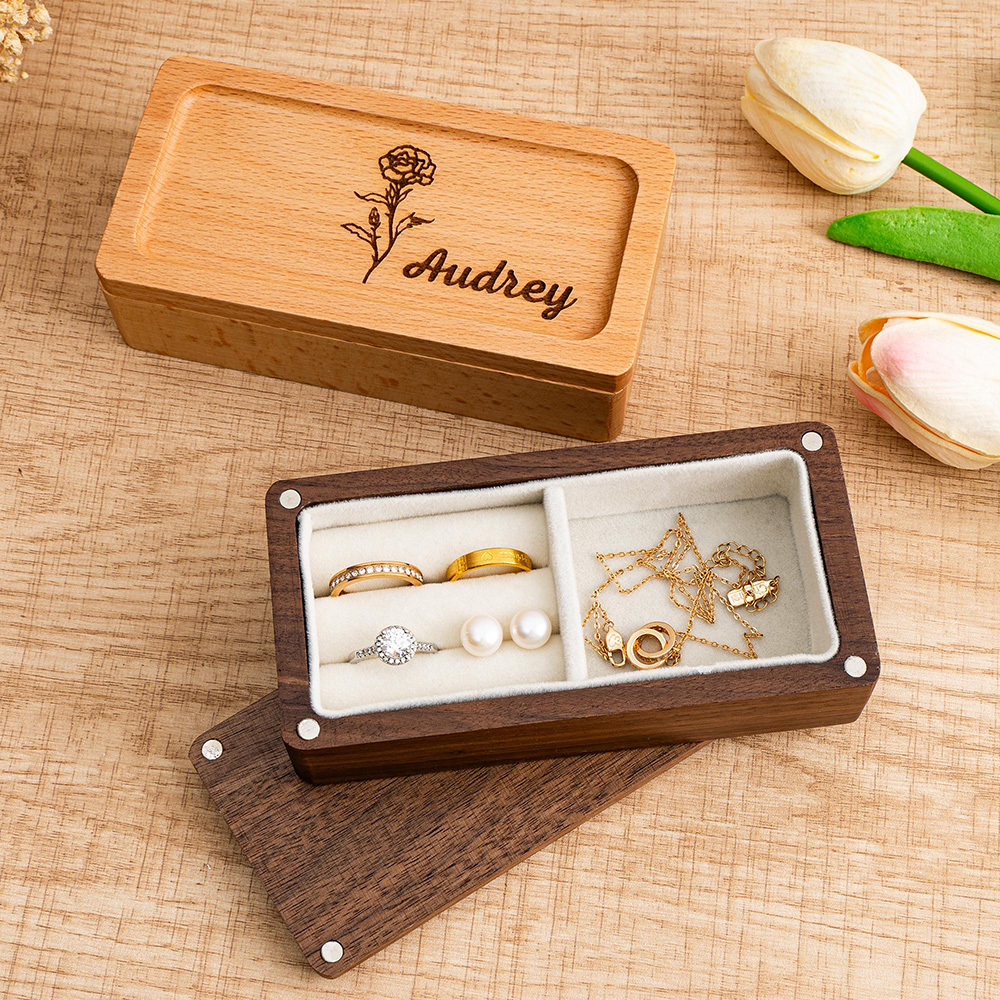 Personalized Birth Flower Wood Jewelry Gift Box | GC041