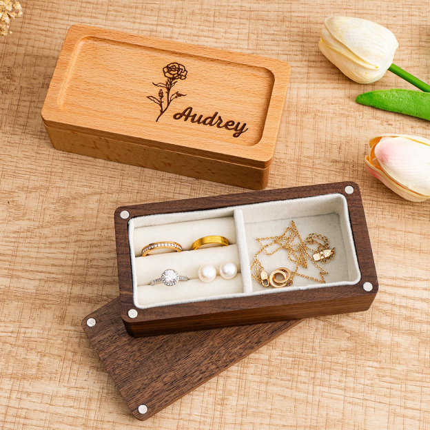 Personalized Birth Flower Wood Jewelry Gift Box | GC041
