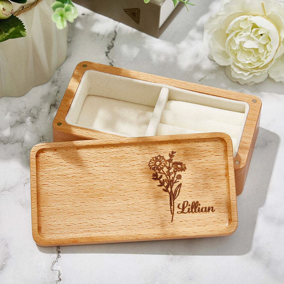 Personalized Birth Flower Wood Jewelry Gift Box | GC041
