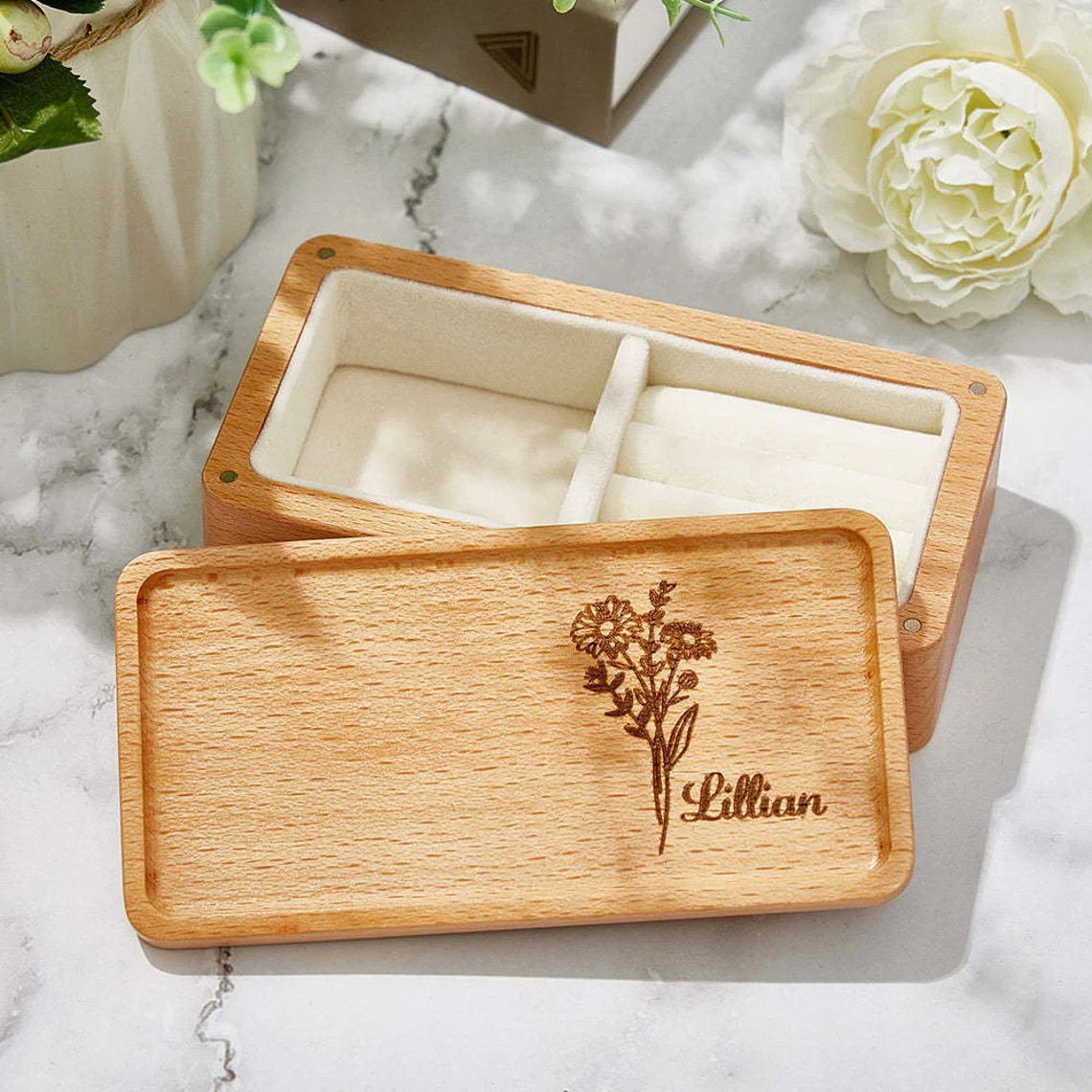 Personalized Birth Flower Wood Jewelry Gift Box | GC041