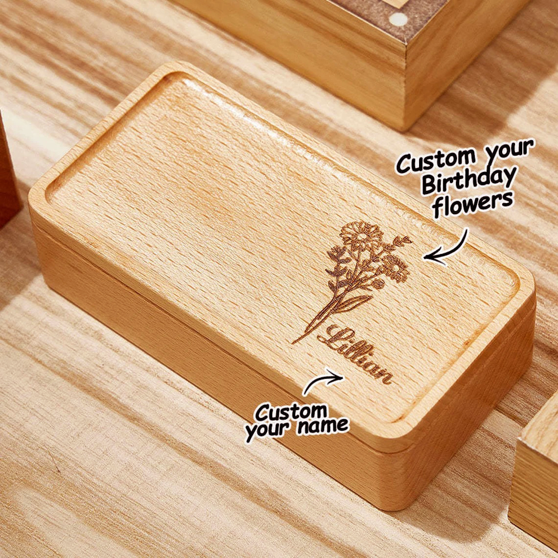 Personalized Birth Flower Wood Jewelry Gift Box | GC041