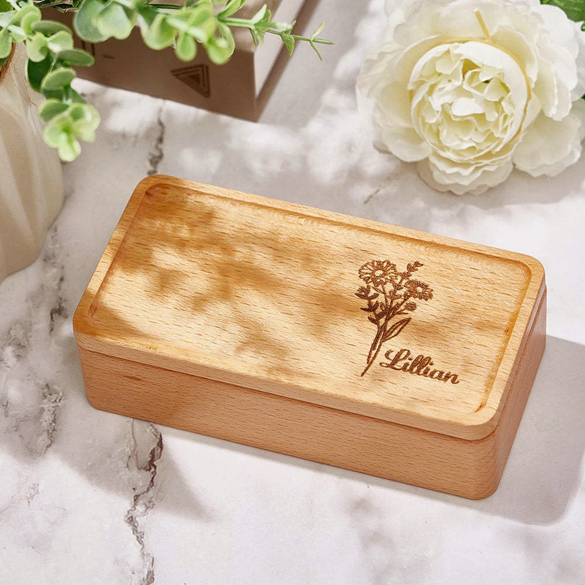 Personalized Birth Flower Wood Jewelry Gift Box | GC041