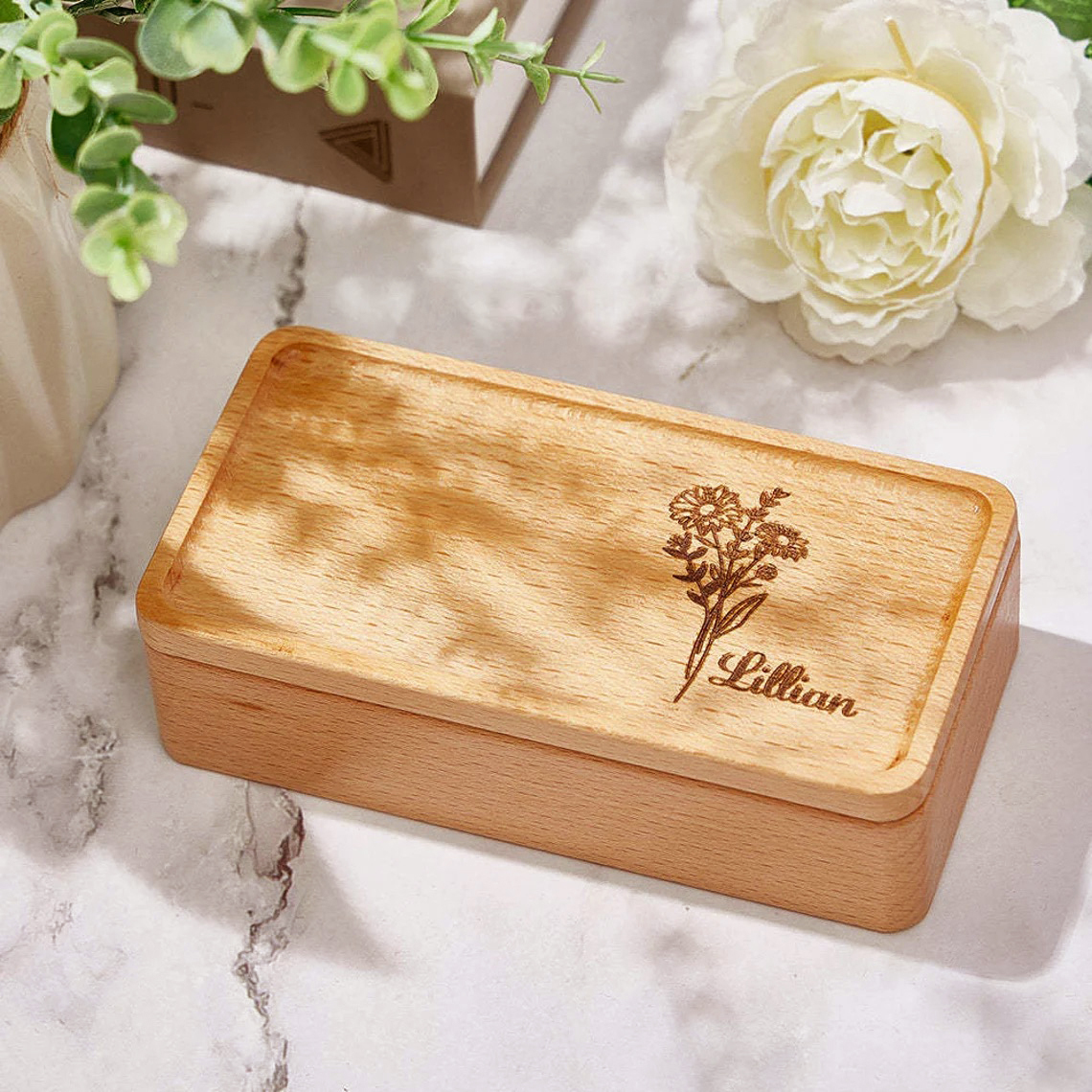Personalized Birth Flower Wood Jewelry Gift Box | GC041