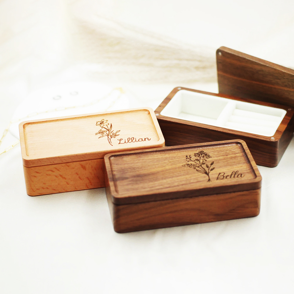 Personalized Birth Flower Wood Jewelry Gift Box | GC041
