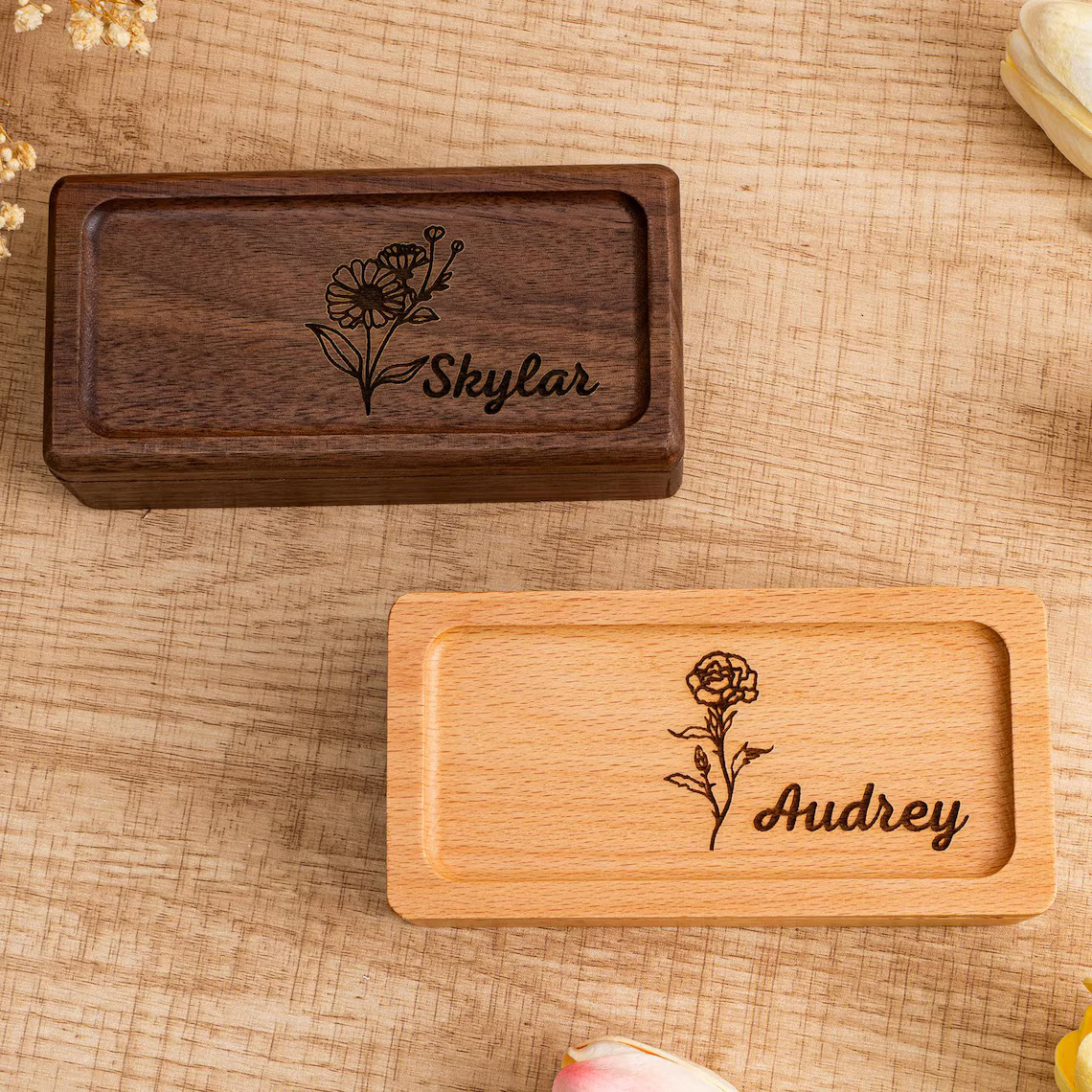 Personalized Birth Flower Wood Jewelry Gift Box | GC041