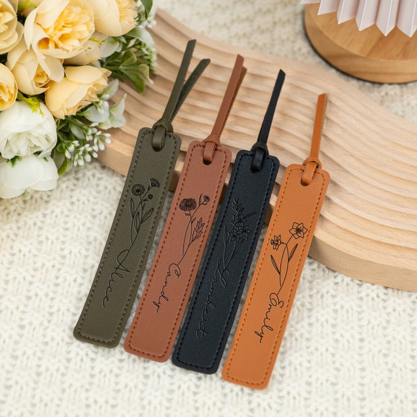 Personalized Birth Month Flower Leather Bookmark | GC020