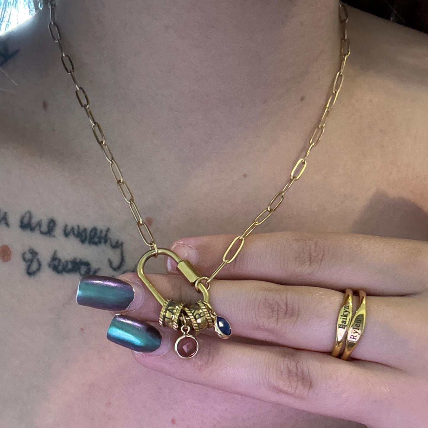 Personalized Carabiner Name Charm Necklace with Birthstone | GC050