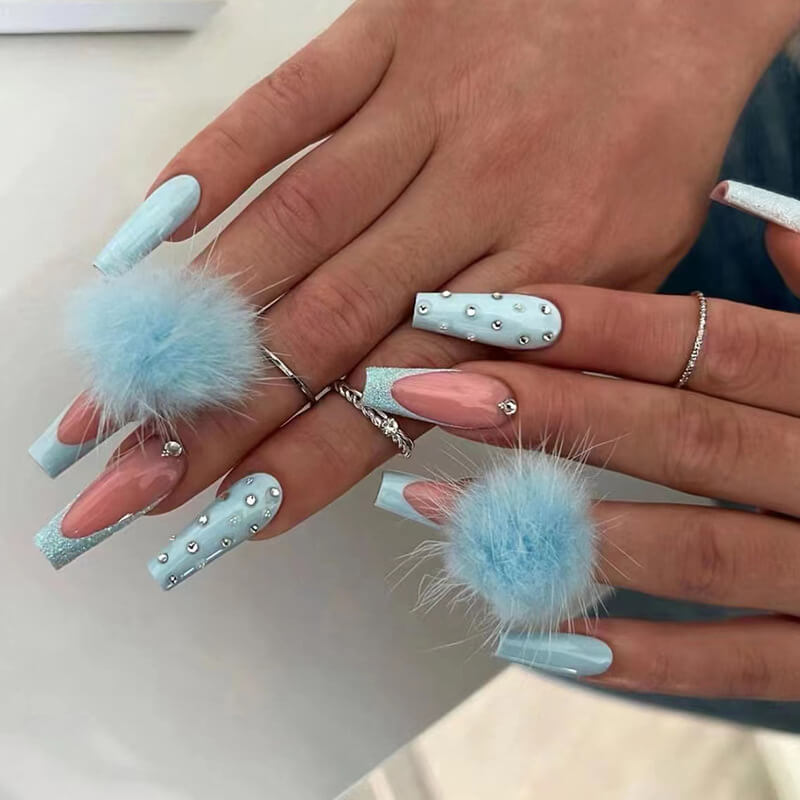 Cute Long Blue Fur Ball Diamond Nails