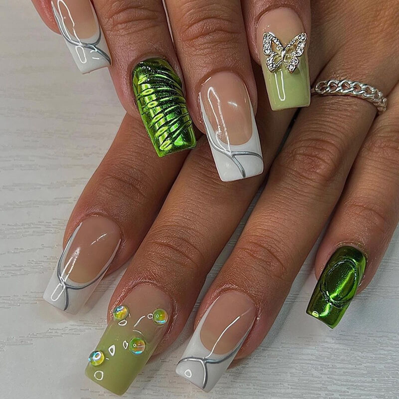 Square Aurora Green Butterfly Nails