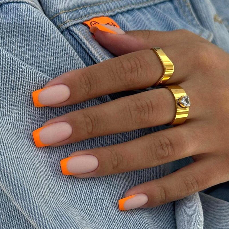 Square Orange Frosted French Nails