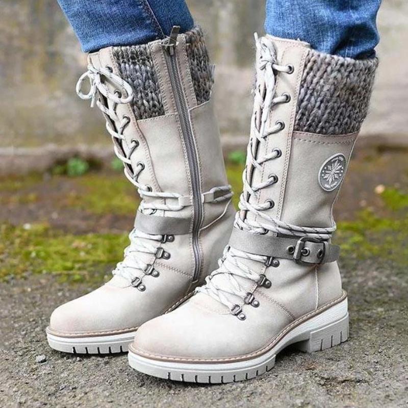 Sursell Women Buckle Lace Knitted Mid-calf Boots