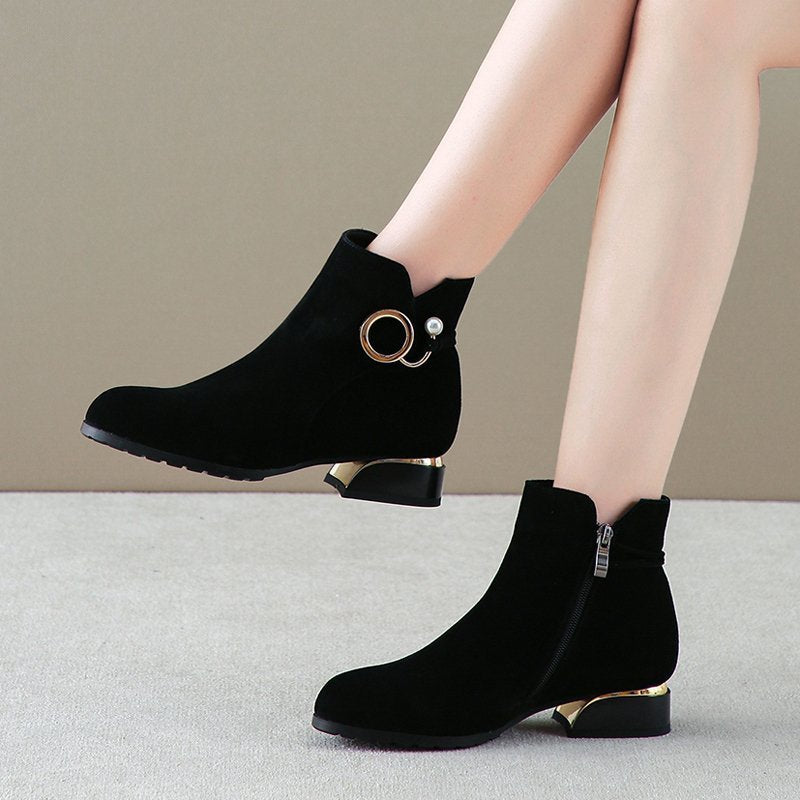 Women's Fall Winter Frosted Chunky Heel Side Zip Ankle Boots