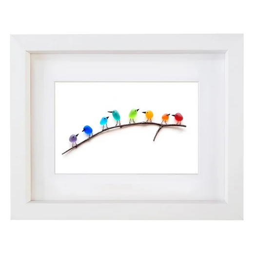 SEA GLASS RAINBOW BIRDS - FRAMED UNIQUE HANDMADE