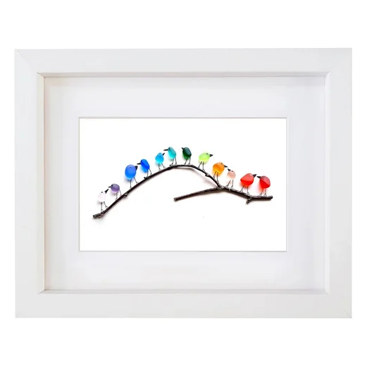 SEA GLASS RAINBOW BIRDS - FRAMED UNIQUE HANDMADE