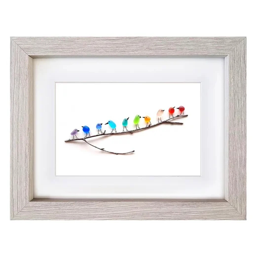 SEA GLASS RAINBOW BIRDS - FRAMED UNIQUE HANDMADE