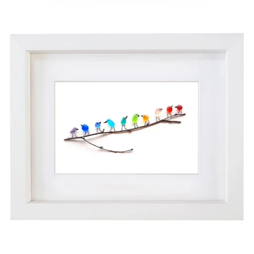 SEA GLASS RAINBOW BIRDS - FRAMED UNIQUE HANDMADE