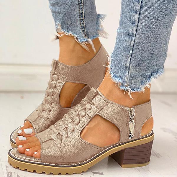 Women's Peep Toe Cutout Zipper Chunky Heeled Sandals