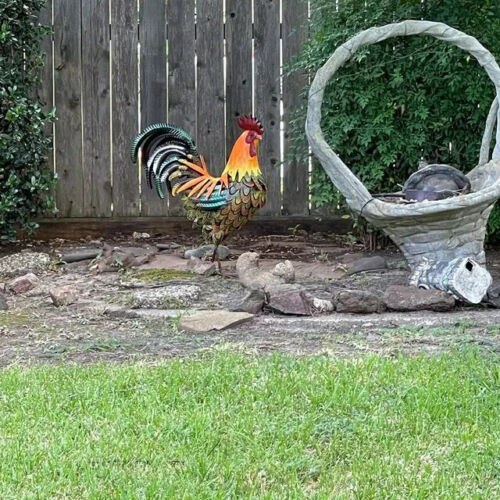 Metal Rooster Garden Statue Outdoor Chicken Sculpture Yard
