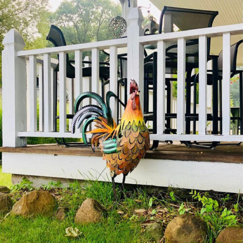 Metal Rooster Garden Statue Outdoor Chicken Sculpture Yard