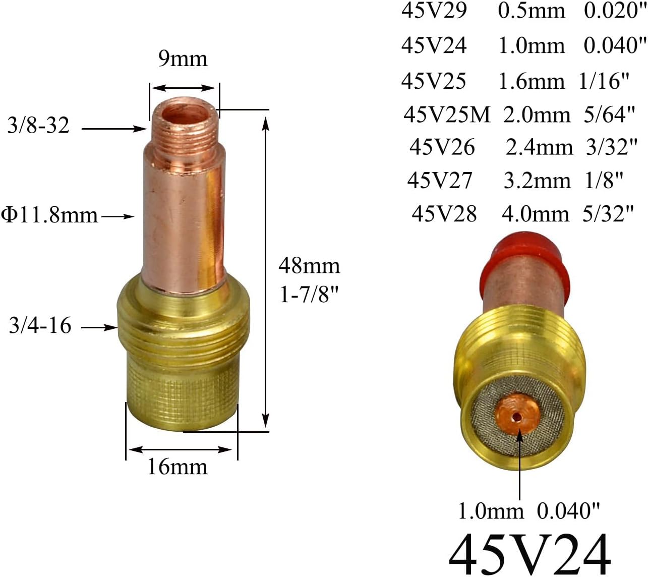 RIVERWELD TIG Gas Lens Collets Bodies 45V24 10N22 .040" 1.00mm Kit 12pcs