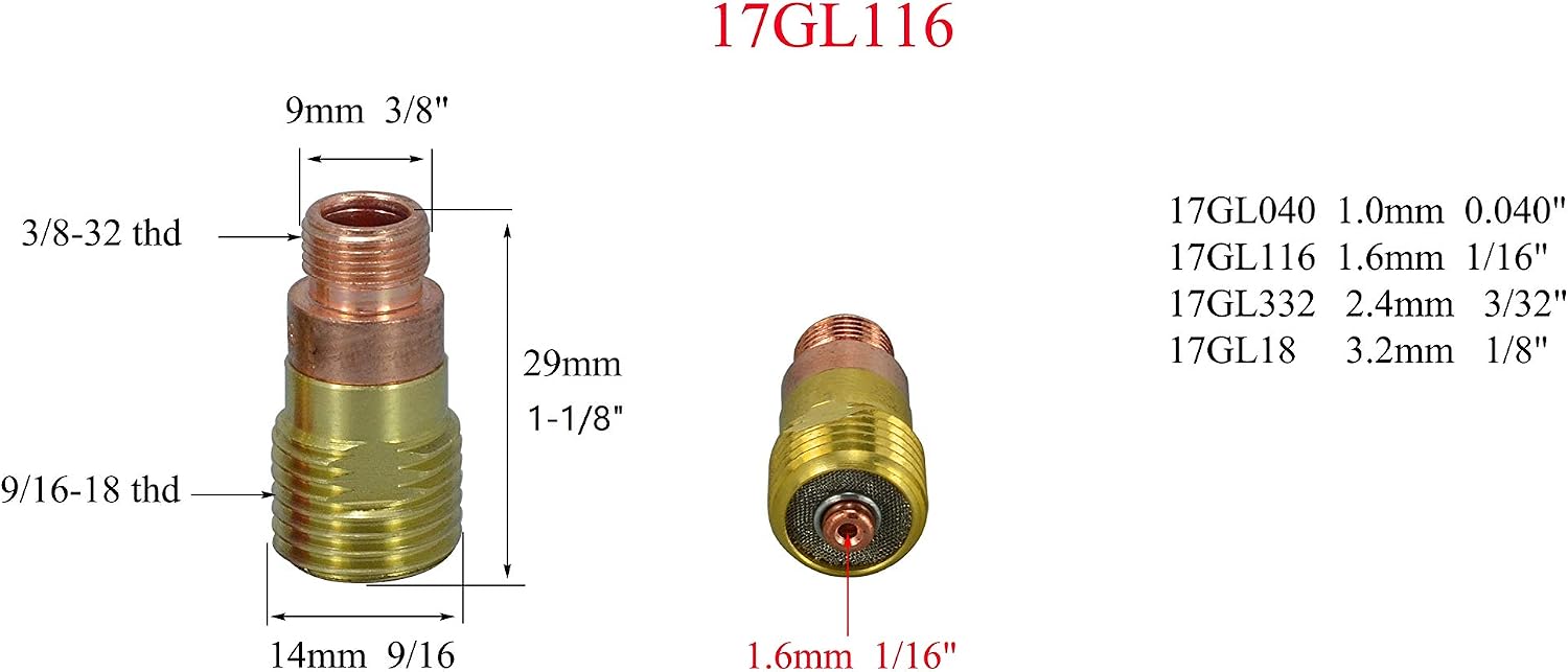 RIVERWELD TIG Stubby Gas Lens Collet Bodies 17GL116 10N23S 1/16'' 1.6mm Kit