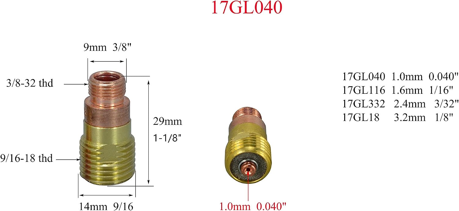 RIVERWELD TIG Stubby Gas Lens Collet Bodies 17GL040 10N22S .040'' 1.0mm Kit