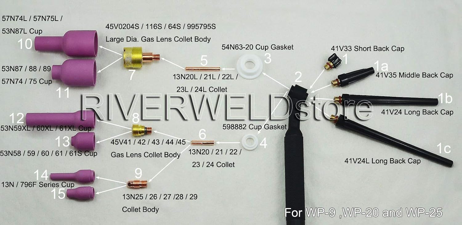 RIVERWELD TIG Welding Torch Back Caps Long 41V24 for WP 9 20 25 5pcs