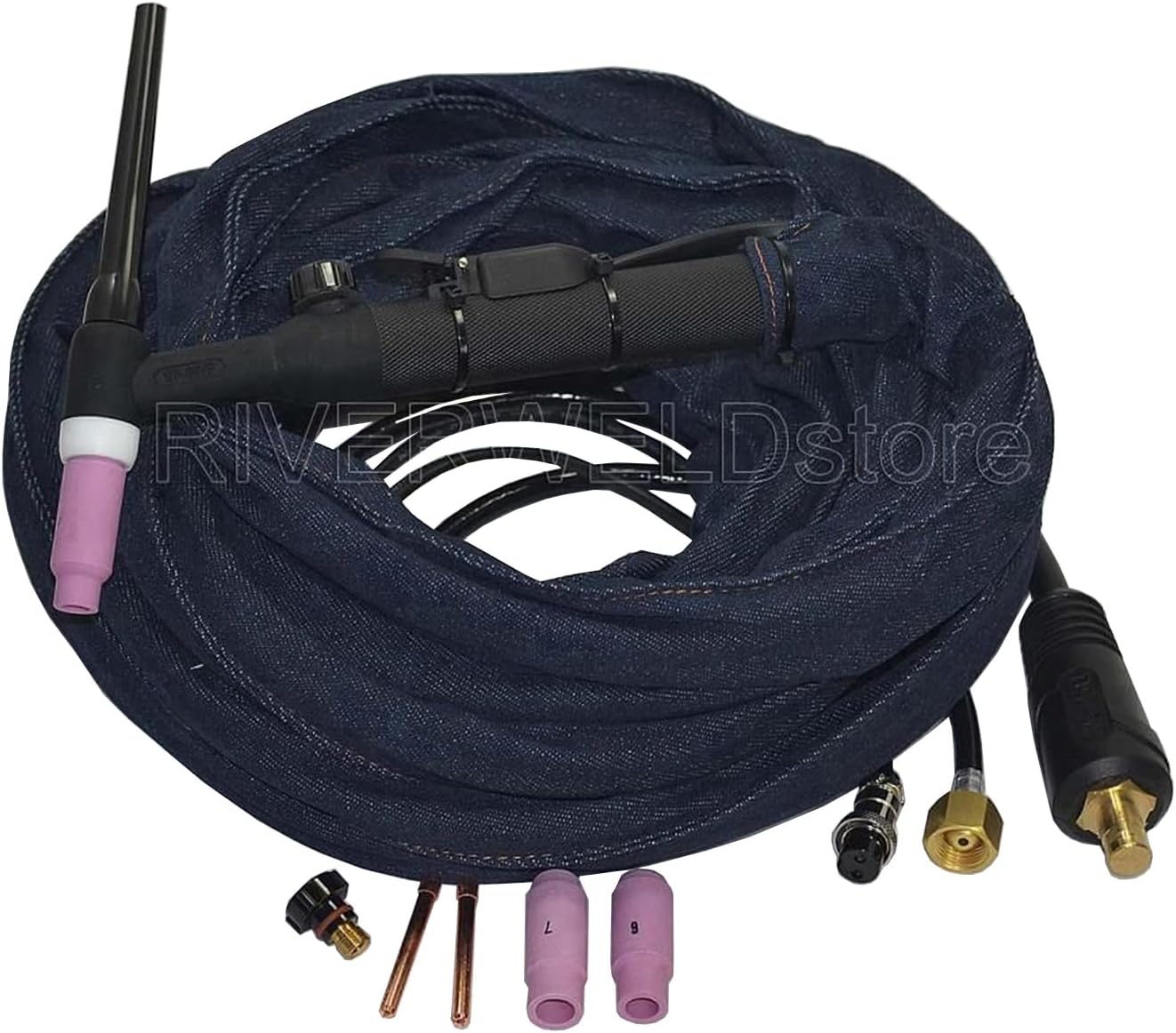 RIVERWELD WP-26FV SR-26FV TIG Welding Torch Complete Flexible Head with Gas Valve Air-Cooled 200Amp Electric Cable Wire 16mm2 Connector DKJ35-50 & 16-2P & M16*1.5 25Feet 7.6Meters
