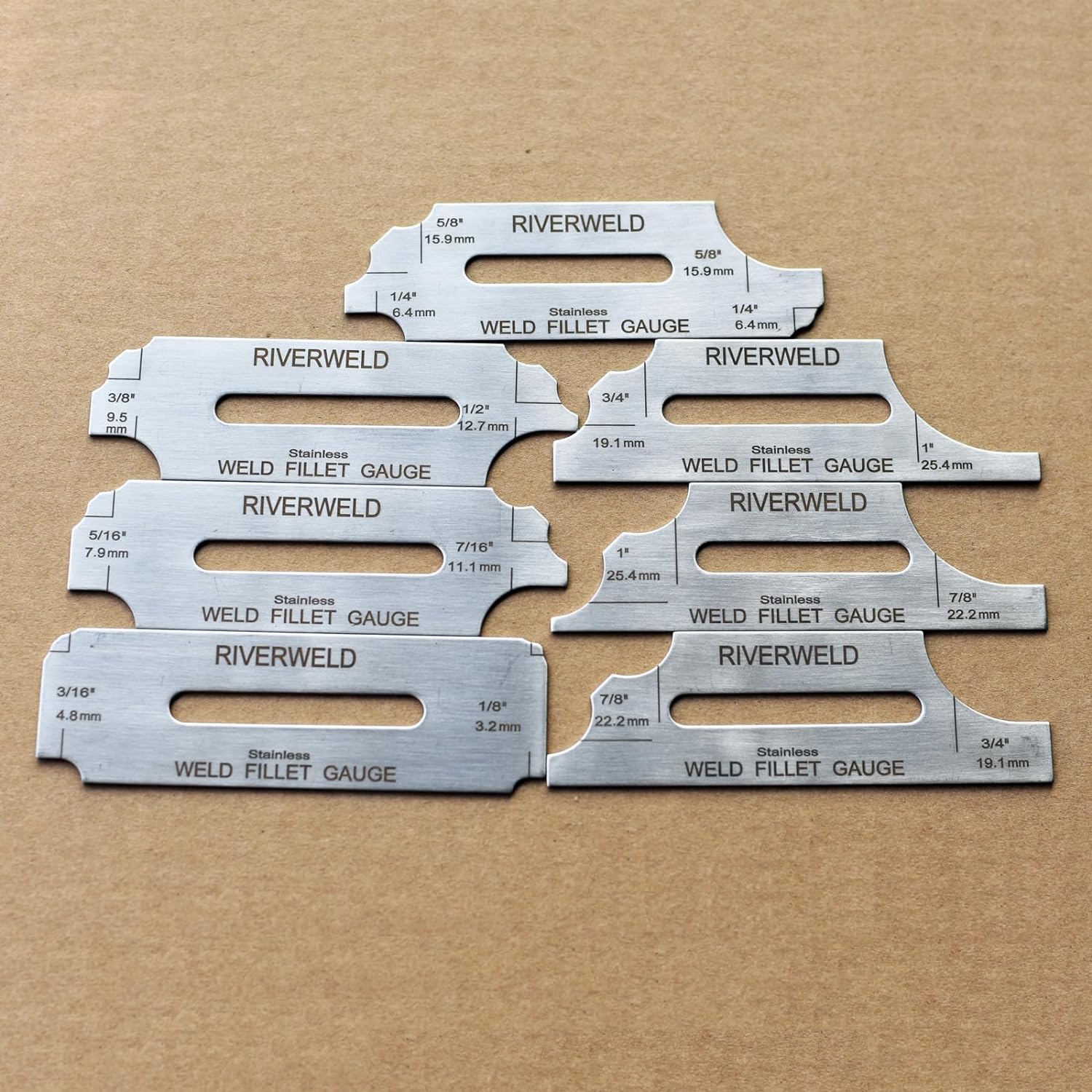 RIVERWELD 7piece Fillet Weld Key Chain Set Gage Rl Gauge Depth Gauges Welding Inspection Test Ulnar Metric & Inch MG-11 with Markings on Both Sides Checking Fillet Leg and Throat Size